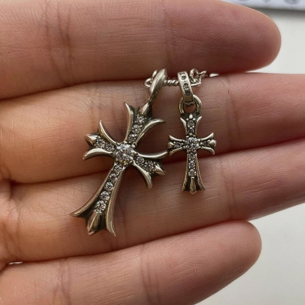 Chrome Hearts Double Cross Pendant Necklace, Diamond Encrusted Cross.